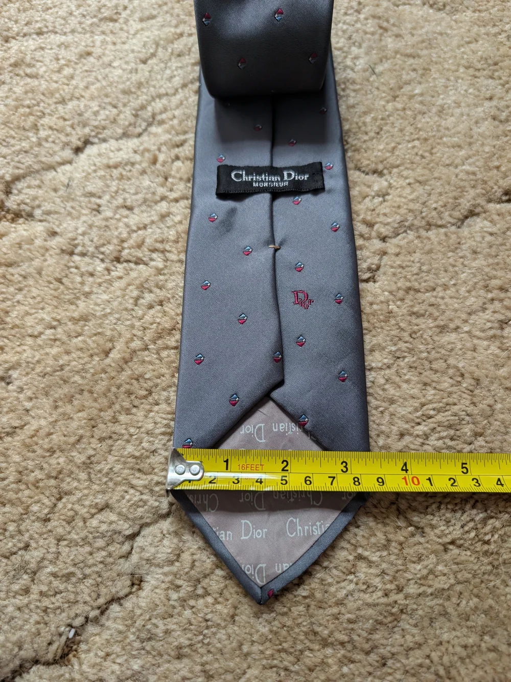 Vintage Christian Dior Monsieur Silk Tie Gray Geometric Diamond Red Blue 3.75